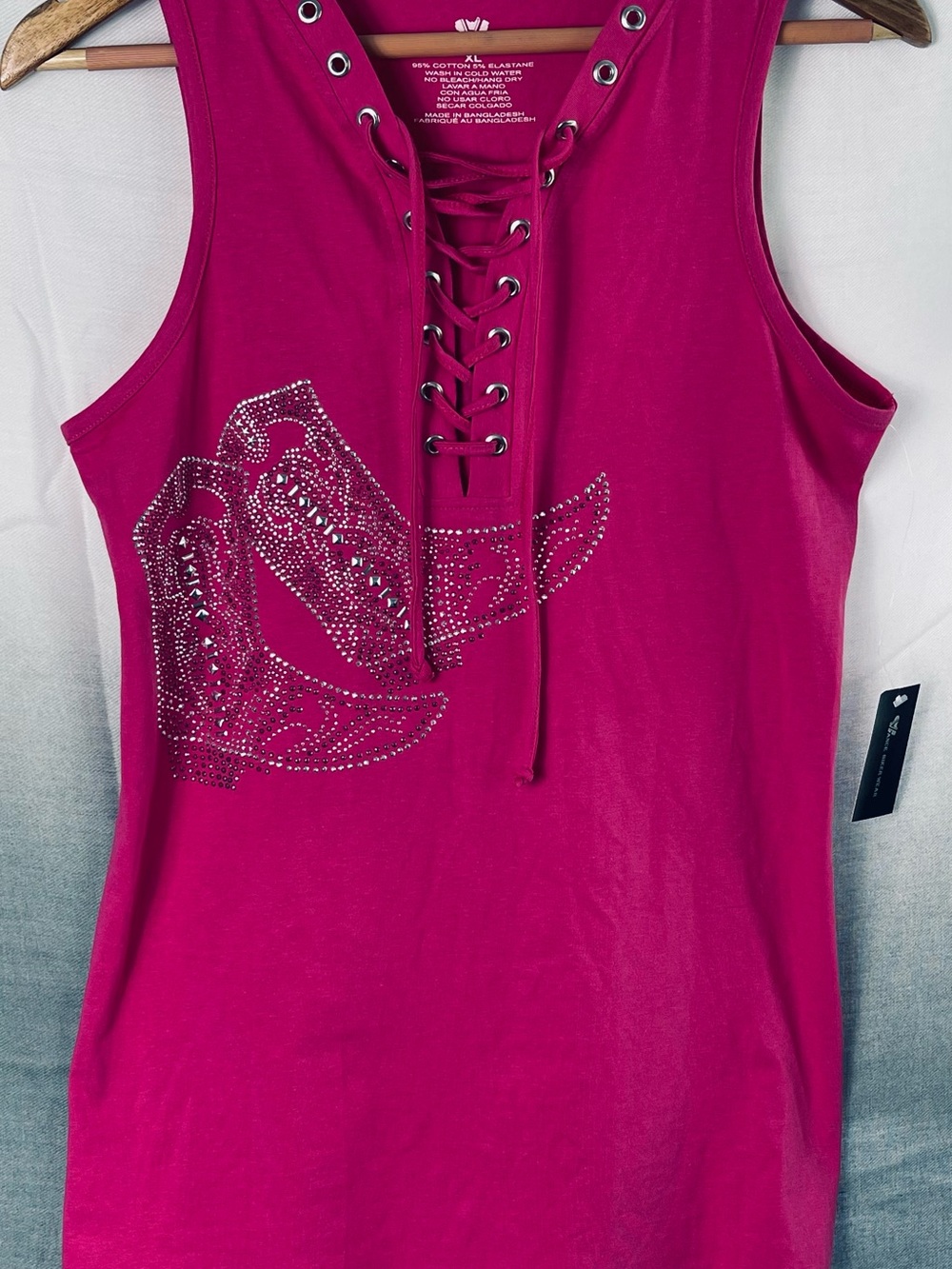 Vance Biker Wear Rhinestone Lace-Up Tank Top Deadwood - Pink Silver XL